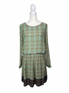 Lavand Mint Green Boho Pleated Dress Geometric Print Long Sleeve Dress M
